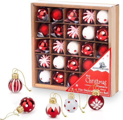 1 Inch Mini Red & White Peppermint Glass Ball Christmas Ornaments, Set of 25, Rustic Decorations for Trees