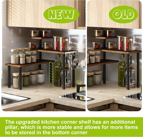 BMOSU Kitchen Corner Shelf Organizer with Hooks, Adjustable Spice Rack, 3 Tier Storage for Bathroom Counter Shelves,