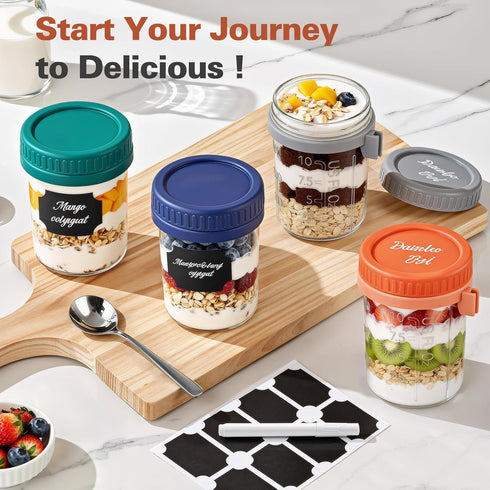 6 Pack 16 oz Overnight Oats Containers with Lids and Spoons, Airtight Oatmeal Container with Measurement Marks