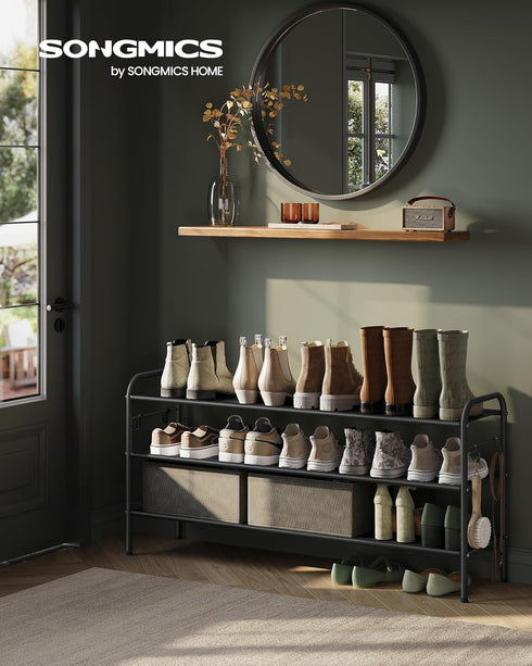 3-Tier 4 18 Closet, SONGMICS Shoe Rack, Shoe Organizer, Fabric Shoe Shelf Storage with Hooks, Holds up to Pairs