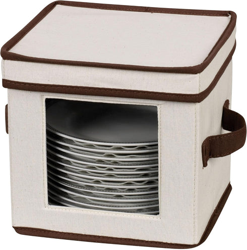 Household Essentials 534 Dinnerware Storage Box, Lid and Handles, Chest for Salad Plates, Natural Canvas with Brown Trim