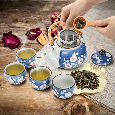 Set, 4 Japanese Tea Ceramic Floral Tea Pot and Pieces Cups with Infuser Bamboo Handle, Traditional Bone China Teapot