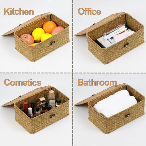 Wicker Basket with Lid, Natural Seagrass Storage Baskets for Organizing, Decorative Boxes Bins with Lids Home Decor