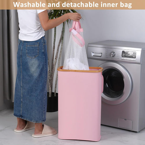 65L Dorm,17.17 iEGrow Slim Laundry Hamper, Narrow Laundry Basket with Lid,Foldable Clothes Hamper with Bamboo