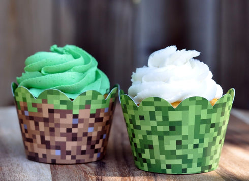 Pixel Grass Themed Cupcake Wrappers for Boys Birthday Parties, Set of 24 Reversible Engineer Builder Grass and Green