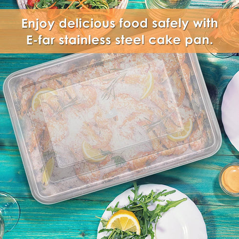 E-far Small Baking Pan with Lid, 9.4” x 7” x 2” Stainless Steel Bakeware for Cakes, Brownies, Casseroles - Set of 2