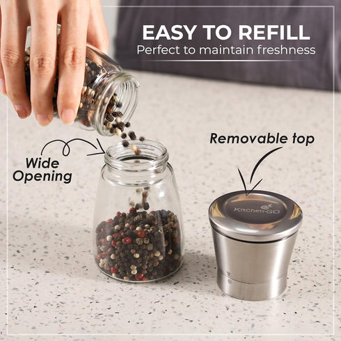 Pepper Grinder or Pepper Mill - Manual Salt Grinder Refillable with Adjustable Coarseness