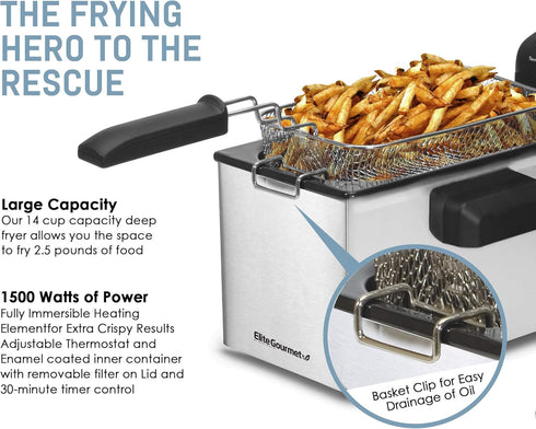 Elite Gourmet EDF-3500 Electric Immersion Deep Fryer: Removable Basket, Timer Control, Adjustable Temperature, 3.5 Quart