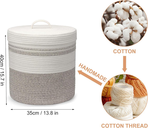Woven Laundry Hamper with Lid, 40L Storage Basket for Living Room, Bedroom, Bathroom, Nursery (Brown and White)