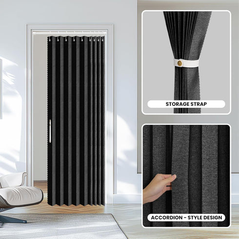 Set: (38-53" 53W78" Closet AJAZZ Curtain Rods No Drilling W Adjustable Range) & Accordion Door Curtain, Black L