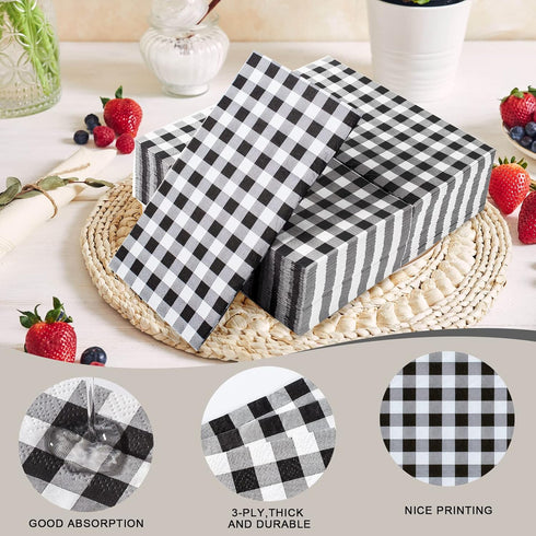 Hunanyume 100 Pack 3 Black and White Gingham Napkins - Ply Disposable Buffalo Plaid Checkered Dinner Napkins, Guest