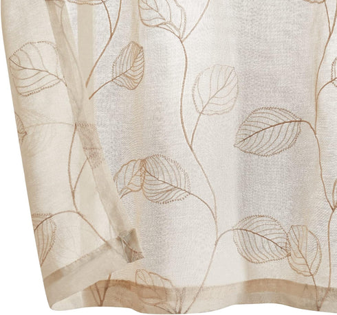 Topick Beige Sheer Leaf Curtain Kitchen Valance for Windows, Leaf Embroidered Voile Small Curtain 16 Inch