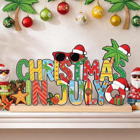 Summer Roowest Metal Christmas in July Sign Tabletop Decor Christmas Table Centerpiece Tropical Tiered Tray Decoration