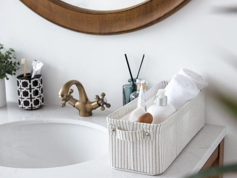 StorageWorks Narrow Storage Bins, Small Organizing Baskets, Long Fabric Storage Basket with Handles, Gray and White