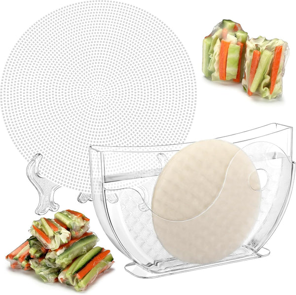 Rice Paper Water Bowl with Wrappers for Spring Rolls, Stand Spring Roll Maker with Side Pocket Holder
