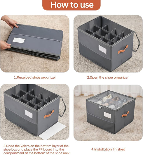 Chewlish Closet, (2, Shoe Organizer for Foldable Shoe Box Storage Containers with Clear Cover, Smooth Zipper