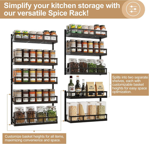X-cosrack 5 Wall Mount Spice Rack Organizer Tier Height-Adjustable Hanging Spice Shelf Storage for Kitchen Pantry