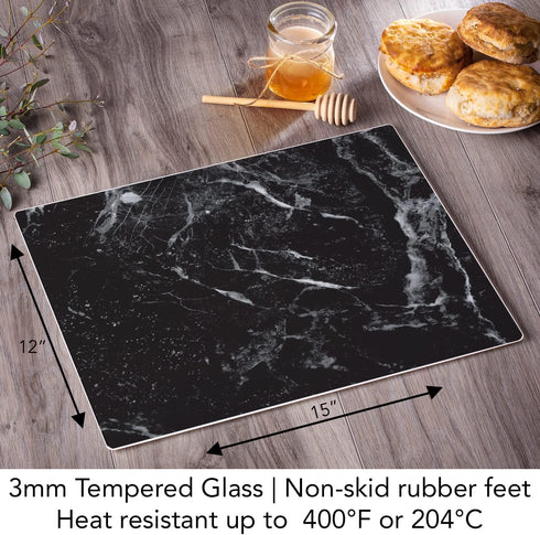 CounterArt Black Marble Design Tempered Glass Cutting Board, 15” x 12”, 3mm, Dishwasher Safe
