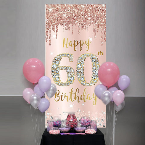 60th Birthday Door Banner Decorations for Women, Pink Rose Gold Happy 60th Birthday Poster Sign Decor