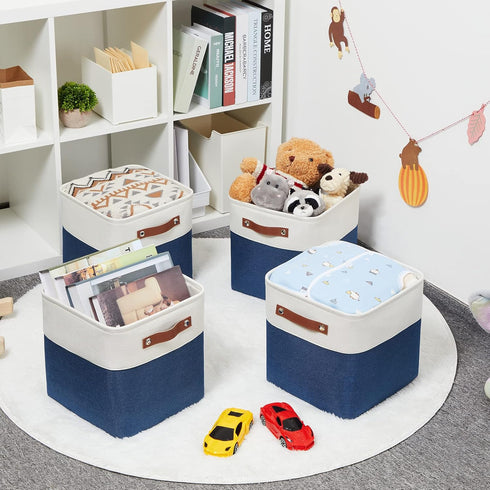 HNZIGE Fabric Cube Storage Bins, Set of 4, Closet Storage Bins for Organizing Home Office (White Blue)