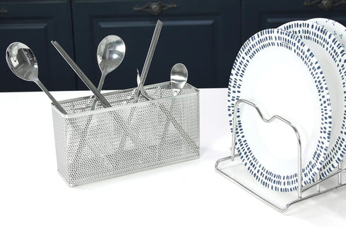 Kitchen Utensil Chopsticks Perforated Holder with Hooks, 304 Stainless Steel Storage Organizer, Dishwasher Safe
