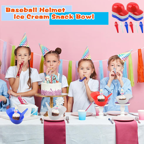 12 Pack Baseball Helmet Ice Cream Bowls, 8 oz Plastic Cap Bowls with Disposable Dessert Spoons for Kids