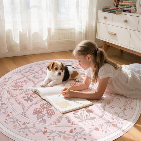 5ft Round Rug Washable Circle Rug Non Slip Low Pile Boho Floral Small Circular Rug for Bedroom, Bathroom, Entryway
