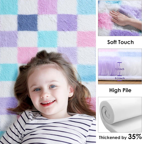 KICMOR 5x7 Purple Rainbow Checkered Area Rugs for Living Room, Colorful Fluffy Soft Fuzzy Shag Shaggy Bedroom Carpet