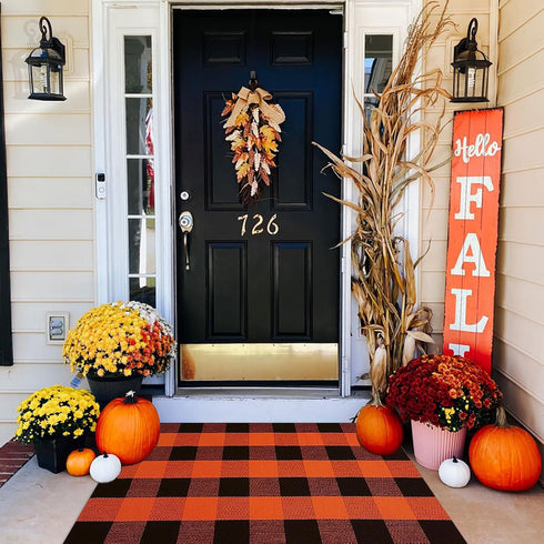 Fall Outdoor Rug, Orange Buffalo Plaid Cotton Hand-Woven Rug for Front Door/Porch/Farmhouse/Entryway (27.5'' x 43'')