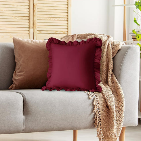 18x18 Inches, Set 2, KKJIAF Ruffle Pillow Cases Burgundy Square Ruffled Pillow Covers of Microfiber Wrinkle Resistant