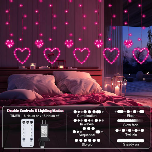 12 138 8 Valentines Day Decor, Pink Love Heart String Lights for Bedroom, Hearts LED Fairy Twinkle Lights with Remote