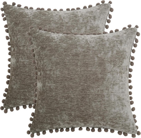 HWY 50 Decorative Throw Pillow Covers Set of 2 - Chenille Solid Soft Cushion Cases with Pom Poms, 20x20 Inch Grey