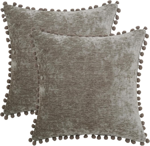 HWY 50 Decorative Throw Pillow Covers Set of 2 - Chenille Solid Soft Cushion Cases with Pom Poms, 20x20 Inch Grey