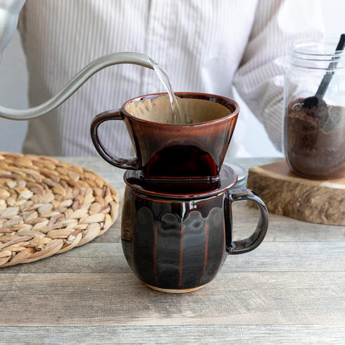 Asayu Japan Ceramic Coffee Pour Over Maker Set, Chocolate Brown, Slow Brewing Dripper with 3 Holes for Coffee & Tea