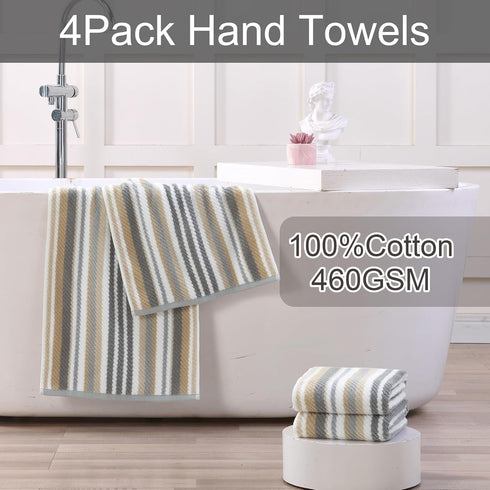 Set 4, 16"x27" 100% Set Beige Striped Hand Towels, Bathroom Hand Towels of - Cotton | Quick Dry | Absorbent | Light