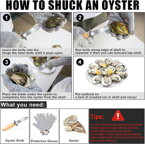 Oyster Shucking Knife - 12 Pack with Comfort Wood Handle, Professional Grade Cut Resistant Gloves