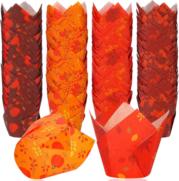 400 Pcs Fall Cupcake Liners, Thanksgiving Tulip Wrappers for Baking Autumn Muffin Holders, Paper Baking Cups for