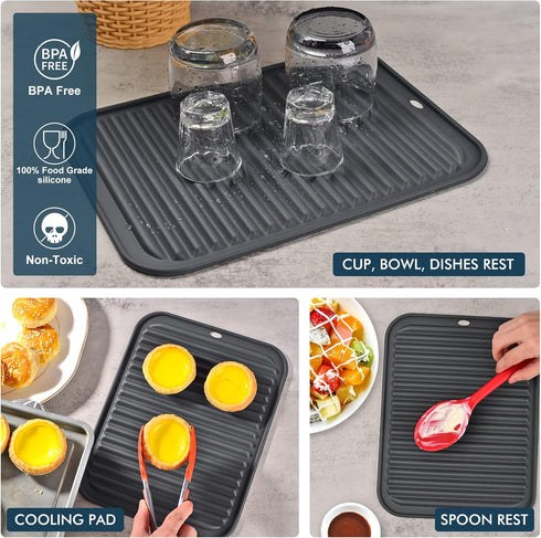 HOTEC Set of 2 Dark Grey Silicone Trivets for Hot Pots and Pans, Heat Resistant Dish Drying Mat for Kitchen Counter