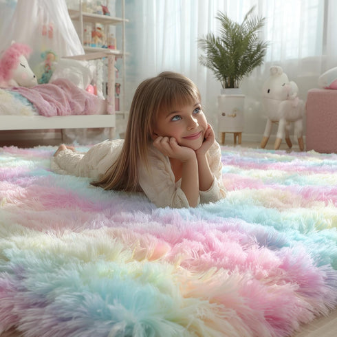 4x6 PAGISOFE Rainbow Fluffy Soft Plush Area Rugs for Girls Bedroom, Shaggy Rugs for Kids Playroom,Kawaii Princess Fuzzy