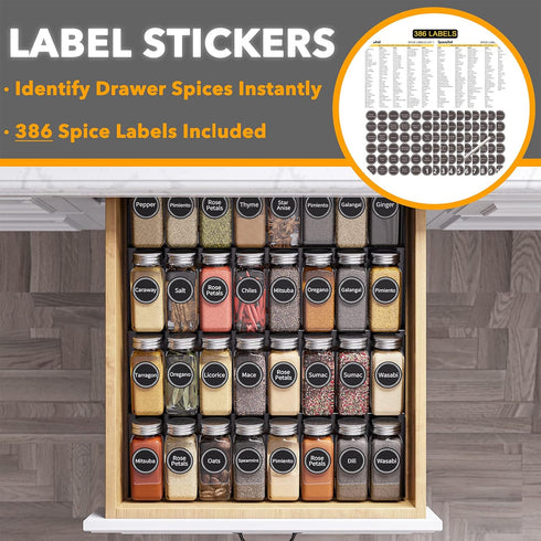32 386 4 15" 17.5" SpaceAid Spice Drawer Organizer with Spice Jars, Spice Labels, Tier Seasoning Rack Tray Insert