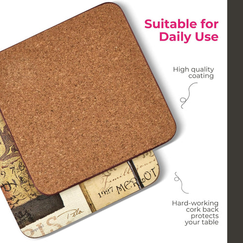 Pimpernel French Cellar Coasters - Set of 6 Rustic Wine Labels Cork-Backed Drink Coasters for Home Decor