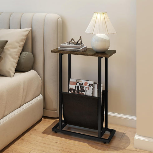 Acovy Narrow Side Table for Small Place,Metal Table with PU Leather Bag,Slim Nightstand for Reading Or Storage,Sofa