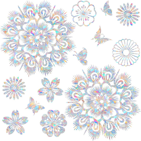 Peacock Tail Flower and Butterfly Window Clings, Anti-Collision Decals to Save Birds from Window Collisions (18PCS)