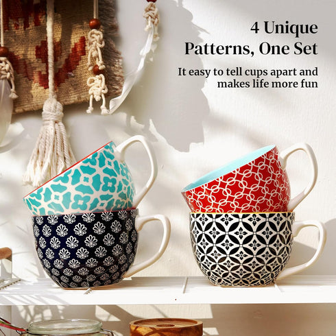 24oz Set 4, DOWAN Mosaian Soup Mugs, Large Coffee Mugs of Soup Mugs With Handles, Ceramic Mugs