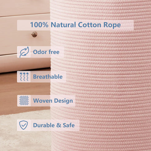 15x20 Inches, 60L Large Pink Laundry Basket Woven Rope Hamper for Baby Girls and Kids, Tall Nursery Storage Bin, Kawaii