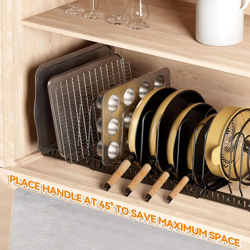 Expandable Pot and Pan Organizer Under Cabinet, Rack with 12 Size Dividers for Kitchen Cabinet and Pantry Storage