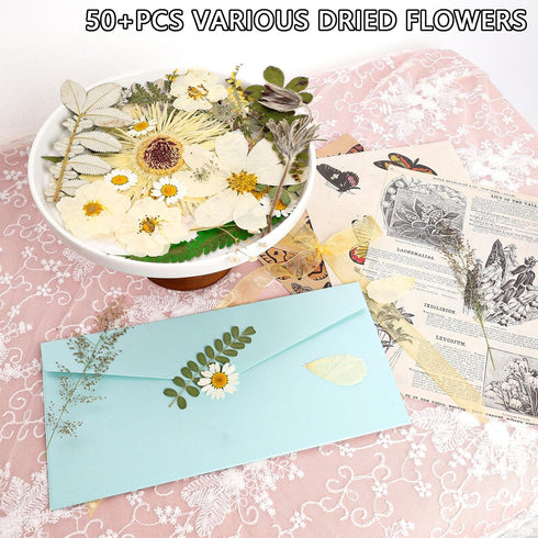 50Pcs Dried Pressed Flowers - Real Pressed Flowers, Natural Dry Leaves, Bulk Colorful Herbs Kit for Crafts