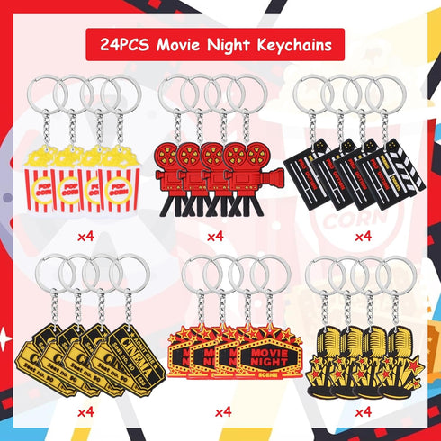 24PCS Movie Night Keychains, Party Favors Include Clapboard Microphone Ticket Popcorn Projector for Birthday Decorations