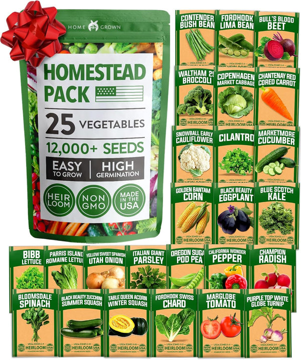 HOME GROWN 25 Variety Survival Seed Vault 12,000+ Heirloom Non-GMO Vegetable Seeds