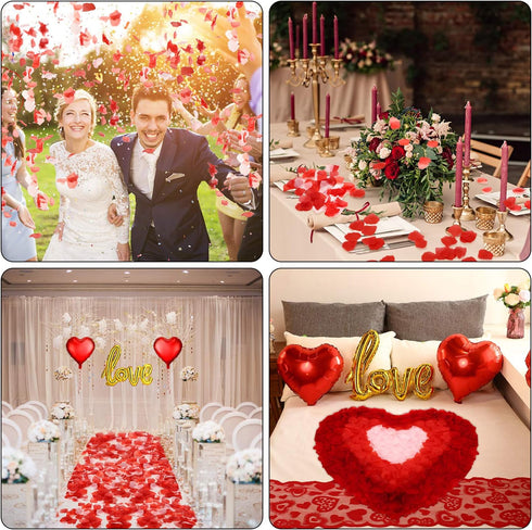 Valentines Day Red Wedding Decorations - Heart Shaped Love Foil Balloons, Silk Rose Petals, Romantic Design for